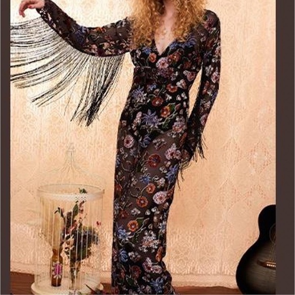 Hippie Shake Shake It Out Burnout Velvet Fringe Sheer Jumpsuit Wide Leg Size 10 - Picture 1 of 10
